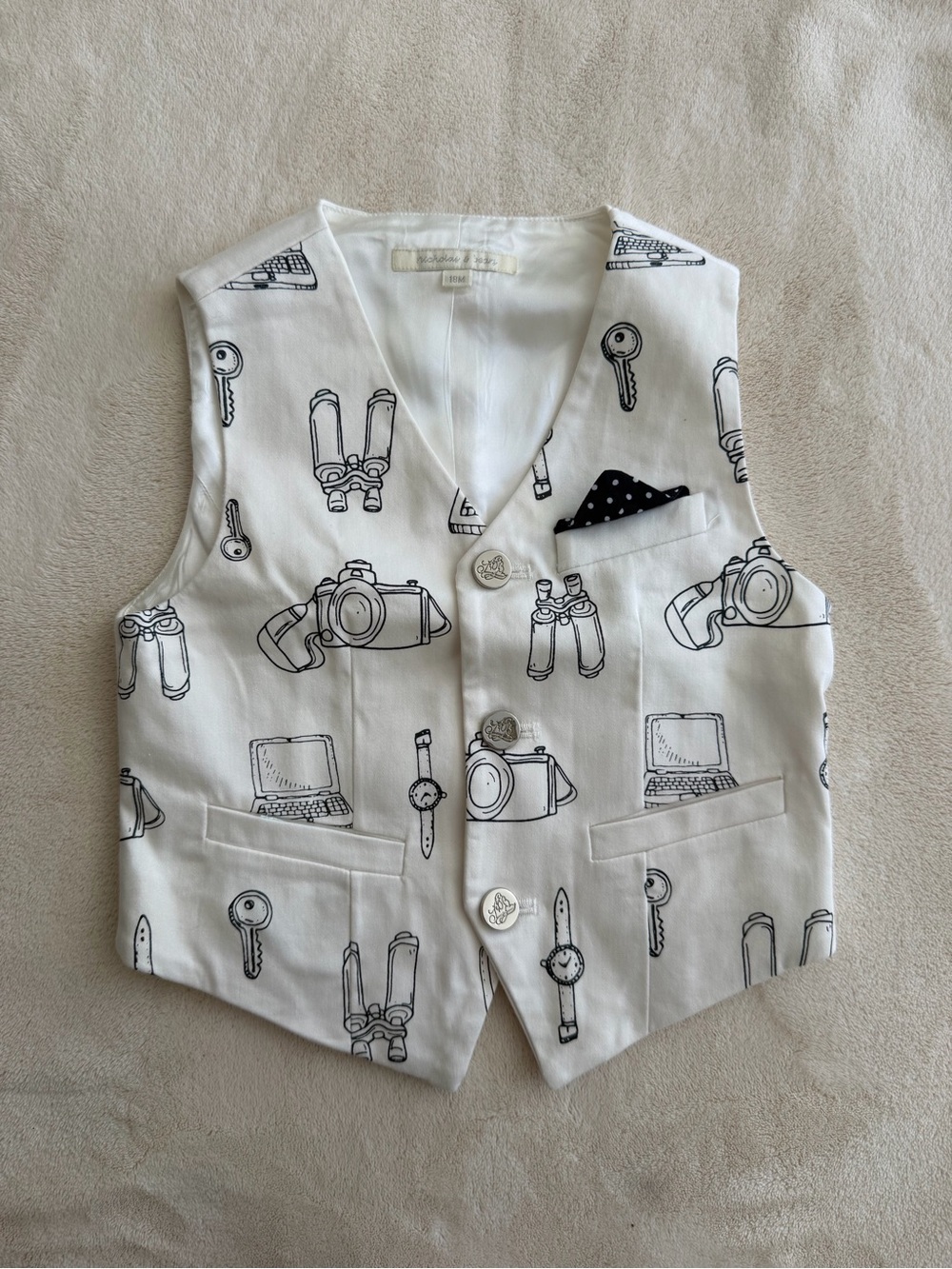 White Kids Vest with Black Explorer Sketch Print and Pocket Square